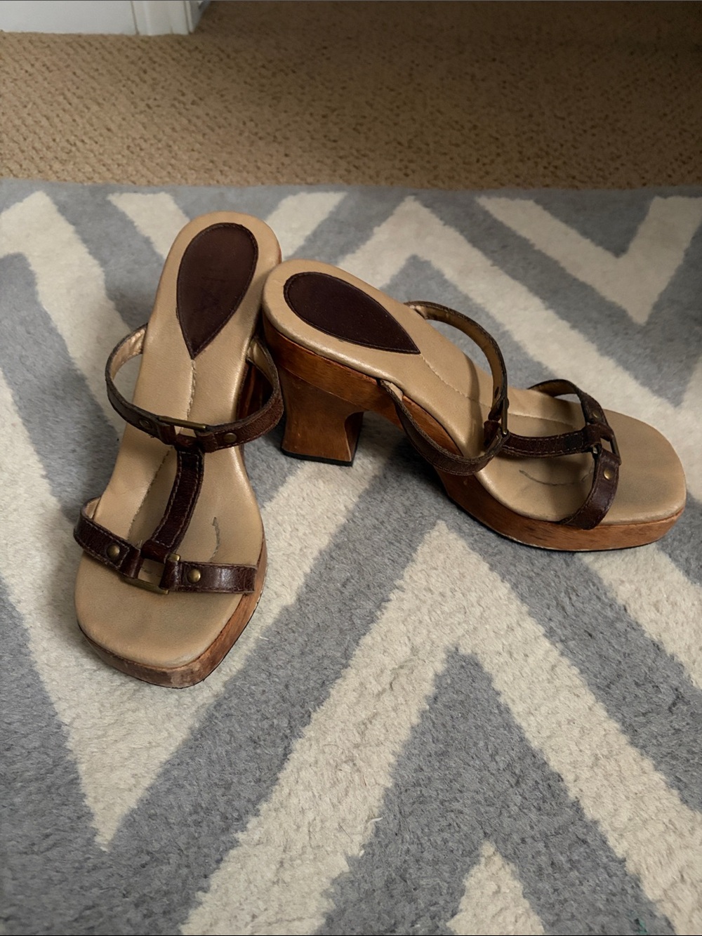 MIA Brown Leather T-Strap Wood Platform Heels